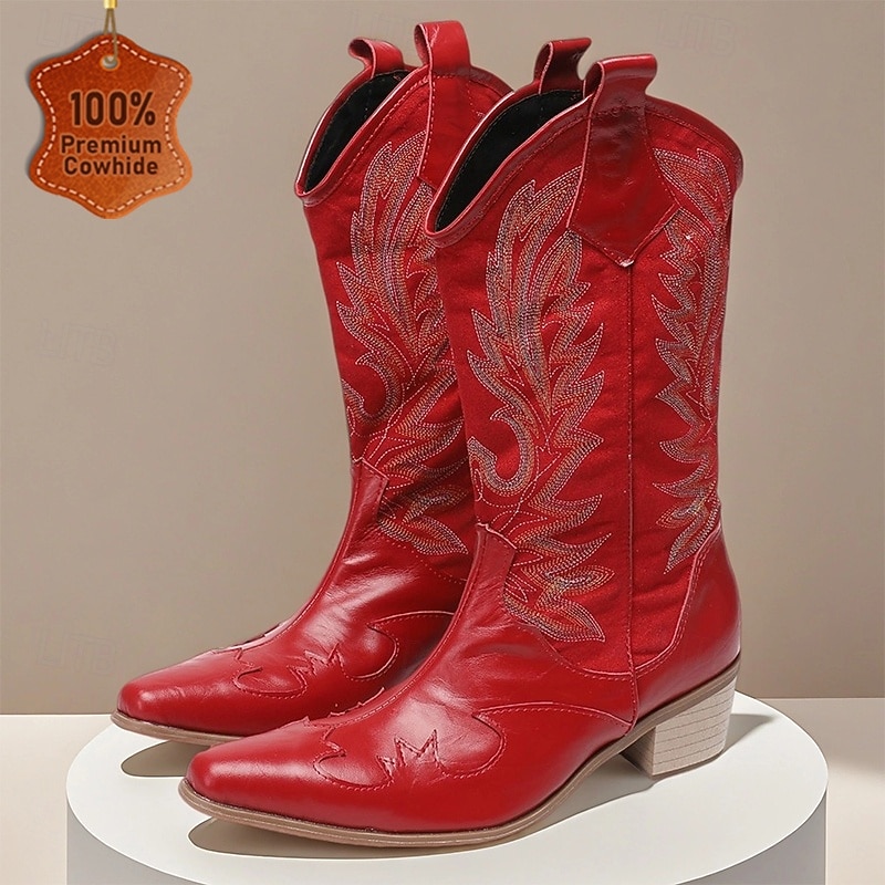Men's Red Western Cowboy Boots – Embroidered Leather Cowboy Boots for Country Concerts, Rodeos and Fashion-Forward Street Style