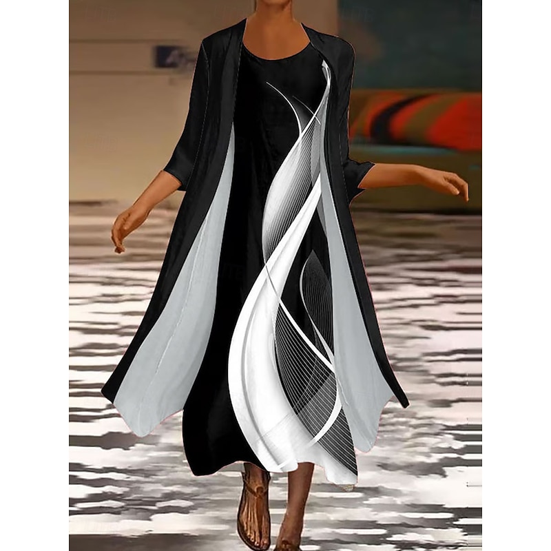 Women's Dress Set Shift Dress Summer Dress Casual Ombre Geometric Layered Print Midi Dress 3/4 Length Sleeve Crew Neck Daily White Yellow Orange Spring Fall Regular Fit2