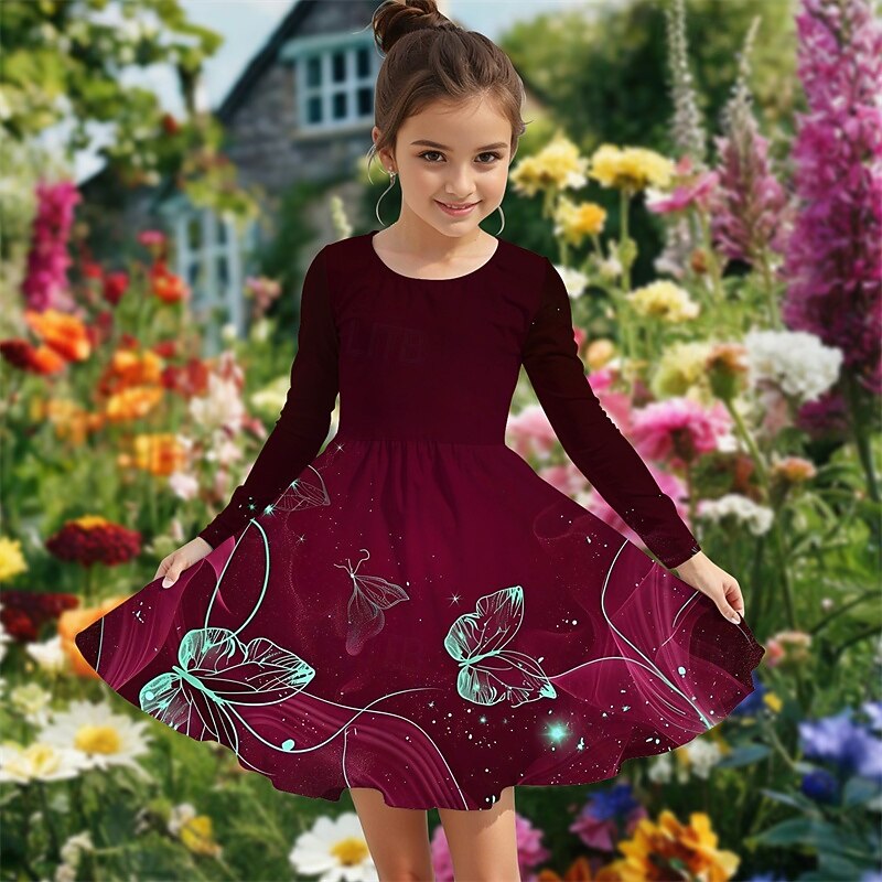Girls' 3D Flower Dress Long Sleeve Summer Spring Vacation Daily Holiday Princess Beautiful Sweet Kids 4-12 Years Casual Dress A Line Dress Knee-length Regular Fit2