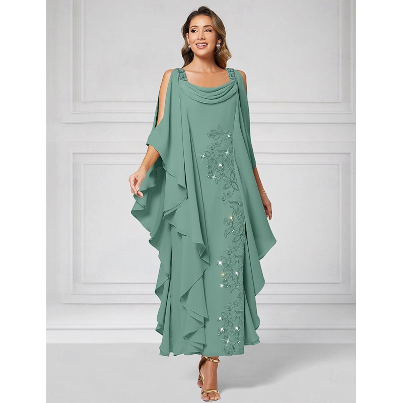 A-Line Mother of the Bride Dress Elegant Luxurious Sparkle & Shine Boat Neck Ankle Length Chiffon Half Sleeve with Beading Tier Cascading Ruffles