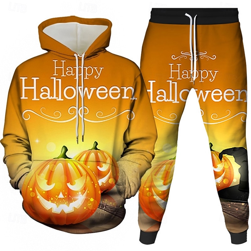 Halloween Men's Pumpkin 2pcs 3D Sweatshirt Sets Tracksuit Hoodie Sweatshirt Long Sleeve Long pants Hooded Casual Daily Athleisure Festival Outfit 3D Print Hooded Spring Fall Winter Black Yellow Orange3
