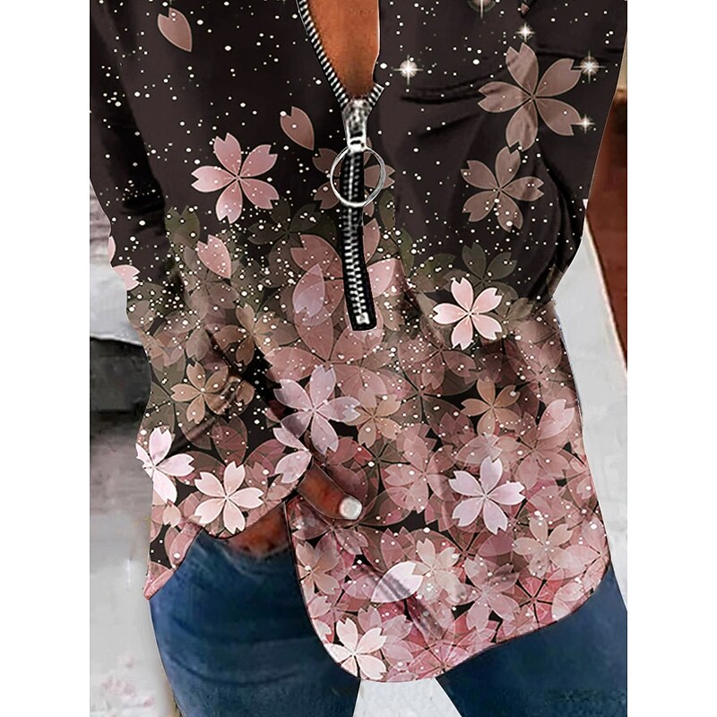 Women's Pullover Sweatshirt Zip Up Sweatshirts Floral Graphic Fashion Casual Long Sleeve Crew Neck Regular Tops Street Dailywear Zipper Print Pink Fall Winter3