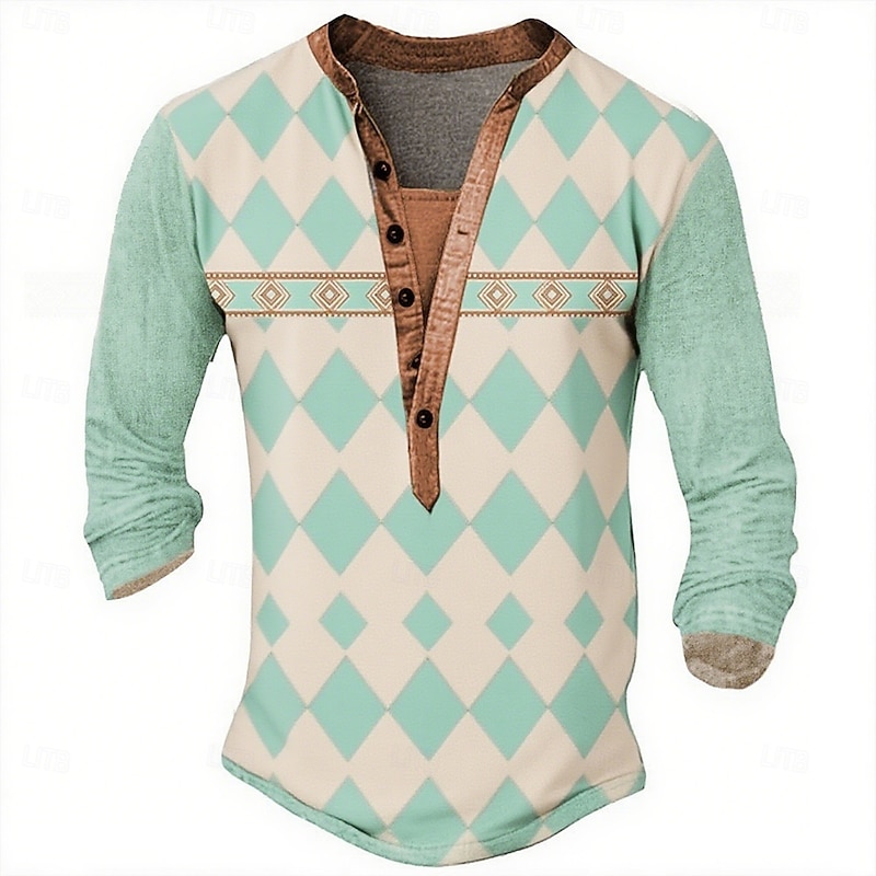 Men's Geometric Ethnic T Shirt Henley Shirt Long Sleeve Designer Retro Vintage Casual Street Casual Daily Summer Spring Fall Light Green Henley Henley T-Shirt