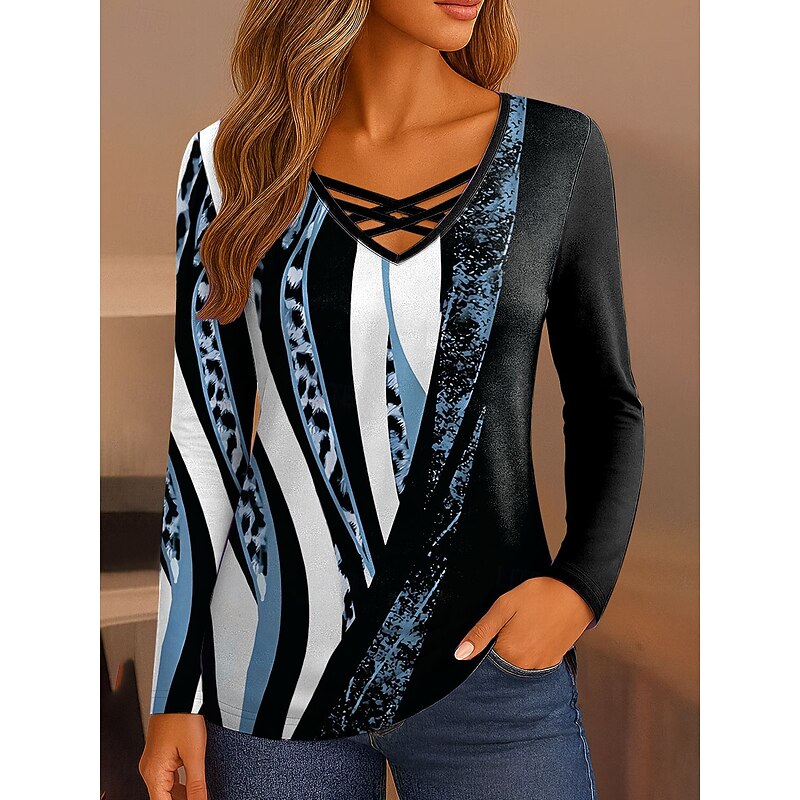 Women's T Shirt Graphic Leopard Geometric Vintage Stylish Classic Long Sleeve V Neck Regular Tops Daily Cut Out Print Yellow Blue Purple Green Gray Spring Fall3