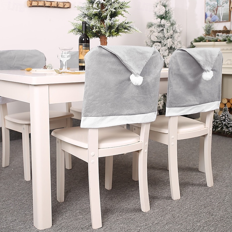 2Pcs Christmas Gray Chair Covers, Non-Woven Fabric Chair Slipcovers, Holiday Dining Chair Decorations with Santa Hat Design