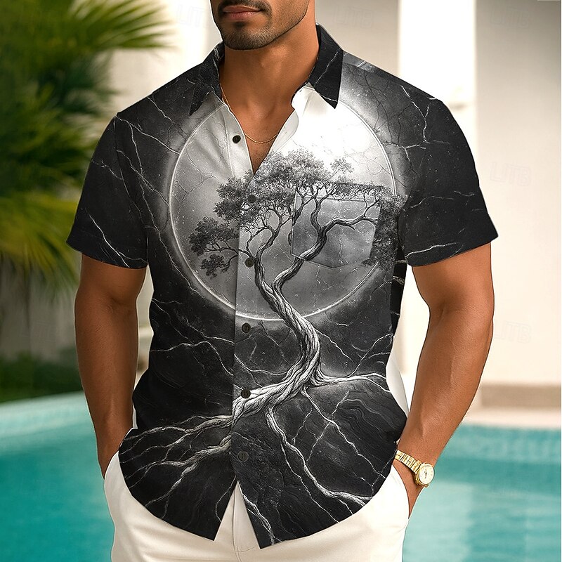 Men's Tree Of Life Shirt Summer Shirt Button Up Shirt Short Sleeve Vintage Retro Outdoor Vacation Dailywear Summer Spring Turndown 3D Print Collared Shirts Front One Pocket Dark Green Gray3