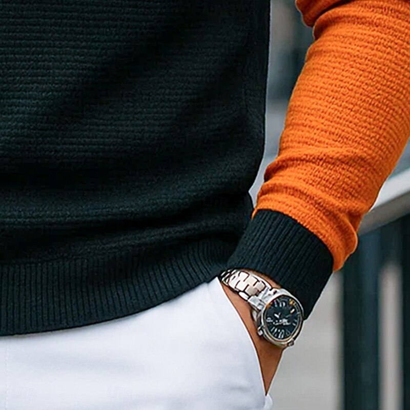 Men's Waffle Polo Shirts Polo Shirts Vacation Casual Ribbed Polo Collar Long Sleeve Fashion Pumpkin Color Block Buttons Fall Spring &  Fall Regular Fit Orange / Black Waffle Polo Shirts3