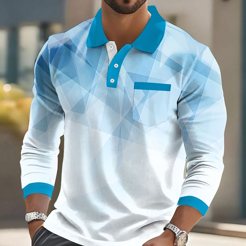 Men's Geometric Polo Long Sleeve Polo Shirts Lapel Business Casual Athleisure Daily Wear Pocket 3D Print Buttons Spring Fall Yellow Blue Purple
