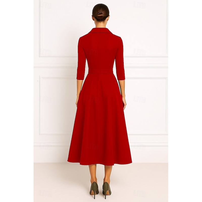 Red Portrait Collar A-Line Cocktail Dresses Elegant Dress Formal Wedding Tea Length Midi Length 3/4 Length Sleeve Stretch Crepe with Bow(s) 20252