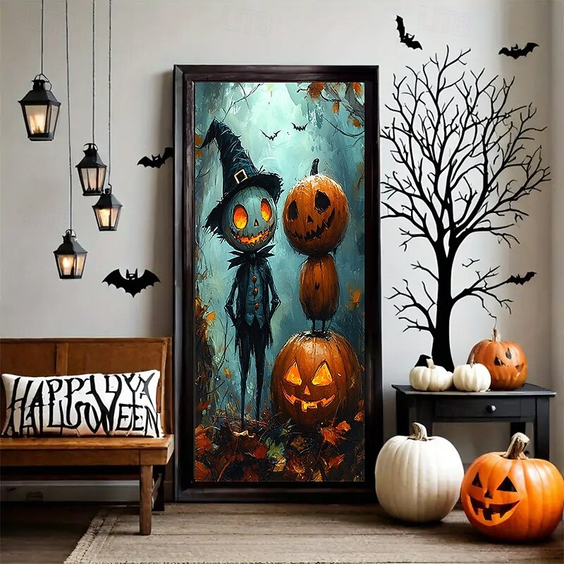 Halloween Pumpkin Door Cover with Scarecrow, Witch Hat Jack-O’-Lantern, Spooky Forest Haunted House Decor for 2025 Halloween Indoor Outdoor Decoration