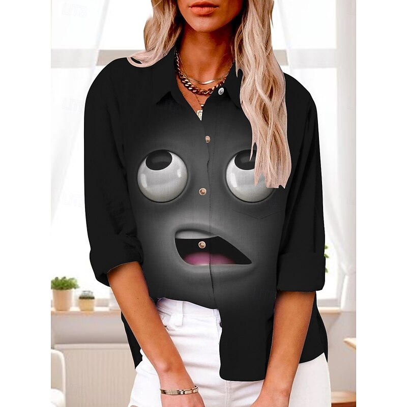 Women's Cartoon Funny Smile Face Shirt Long Sleeve Shirt Collar Regular Tops Daily Holiday Buttons Print Black And White Black Yellow Pink Red Summer Spring Fall4