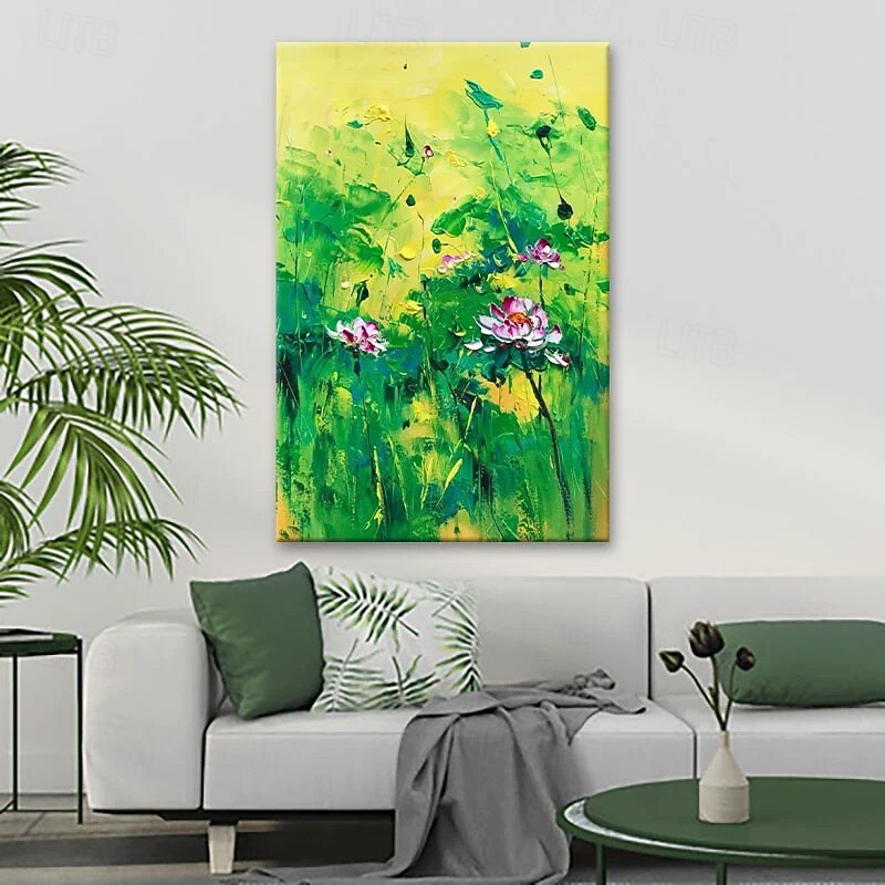 Handmade Oil Painting Canvas Wall Art Decoratio Abstract Green Lotus Flowers Landscape for Home Decor Rolled Frameless Unstretched Painting2