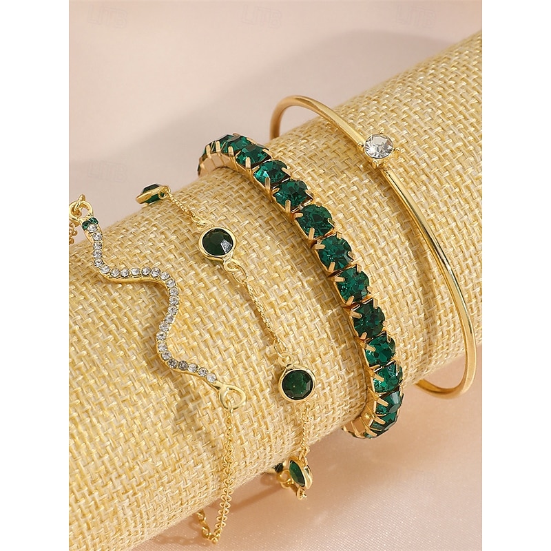 Women's Gold-Tone Green Crystal Bracelet Set – 4-Piece Elegant Alloy Jewelry with Adjustable Chain, Fashion Statement Accessories for Parties, Weddings and Special Occasions4