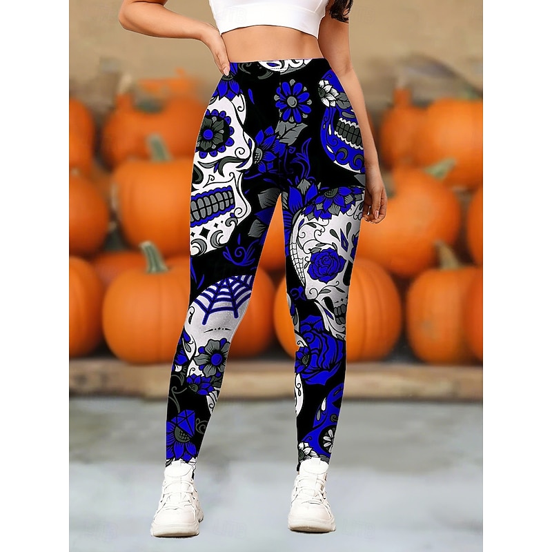Women's Leggings Vintage Fashion Casual Full Length High WaistPantsHalloween Graphic Skull Halloween Printing Thermal Warm Soft Breathable High Elasticity Outdoor Daily White Red Blue Purple Spring3