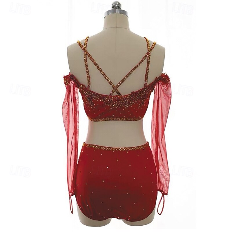 Figure Skating Dress Women's Girls' Ice Skating Dress Red Patchwork Open Back Mesh Spandex Stretchy Training Practice Professional Skating Wear Thermal Warm Crystal / Rhinestone Sleeveless Ice2