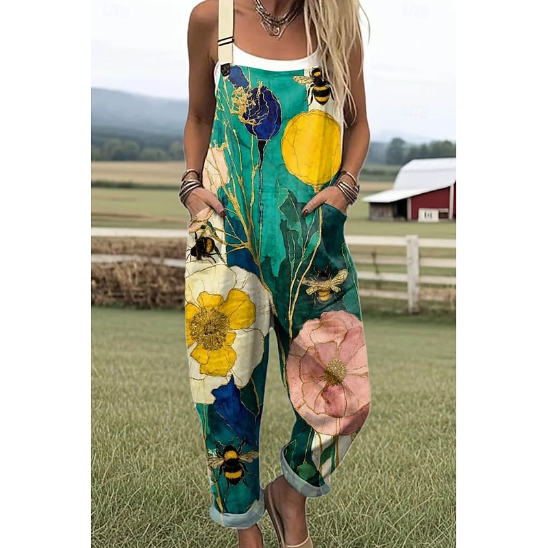 Women's Dungarees Active Floral Sleeveless Sleeveless Straight Square Neck Pocket with Pocket Vacation Daily Loose Fit Light Green Blue Green Summer