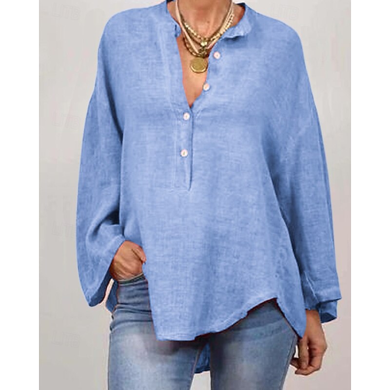 Women's Shirt Texture Blouse Blouse Plain Modern Casual Long Sleeve V Neck Regular Tops Daily Going out Buttons Asymmetric Hem Pink Royal Blue Apricot Gray Fall3
