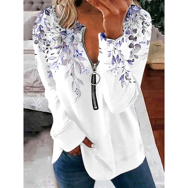 Women's Pullover Sweatshirt Zip Up Sweatshirts Floral Graphic Fashion Casual Long Sleeve Crew Neck Regular Tops Street Dailywear Zipper Print Light Green Pink Purple Fall Winter