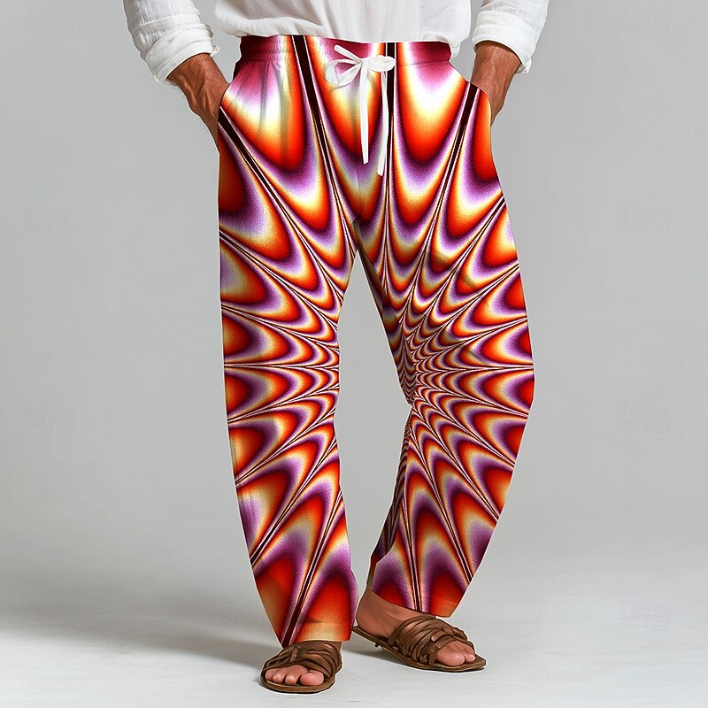 Men's Geometric Optical Illusion Trousers Baggy Pants Casual Pants Mid Waist Fashion Outdoor Vacation Home Elastic Drawstring Waist Linen-Like Pants with Pockets Spring Fall 3D Print White Red Blue2