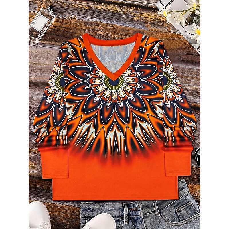 Women's T Shirt Ombre Graphic Geometric Vintage Stylish Casual Long Sleeve V Neck Regular Tops Daily Print Yellow Blue Orange Spring Fall3