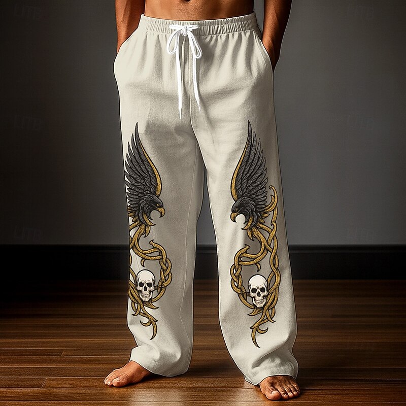 Men's Trousers Baggy Pants Casual Pants Elastic Drawstring Waist Linen-Like Pants with Pockets Skull Eagle Celtics Full Length Outdoor Holiday Retro Vintage White Dark Blue Inelastic