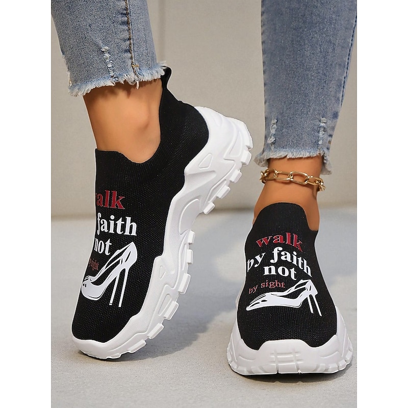 Women's Black Flyknit Slip-On Sneakers with Chunky White Sole and Inspirational 
