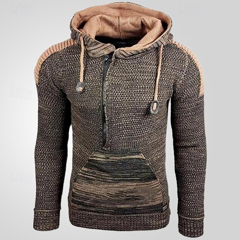 Men's Hoodie Pullover Hoodie Sweatshirt Quarter Zip Hoodie Yellow Red Burgundy Blue Brown Hooded Plain Patchwork Color Block Textured Sports & Outdoor Casual Daily Streetwear Cool Sportswear Spring3