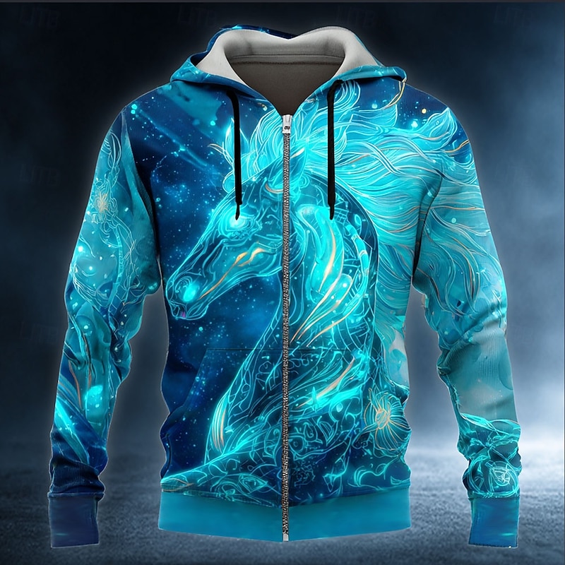 Men's 3D Hoodie Jacket Sweatshirt Fantasy Pegasus All Over Print Zip Vacation Going out Streetwear Blue Dark Green Zipper Fall Winter Designer