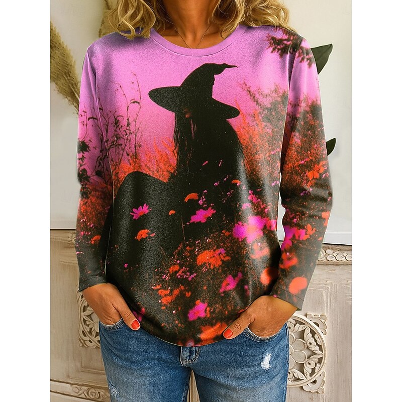 Halloween Women's T Shirt Skulls Graphic Witch Vintage Fashion Stylish Long Sleeve Crew Neck Regular Tops Daily Print Pink Blue Purple Fall Winter2
