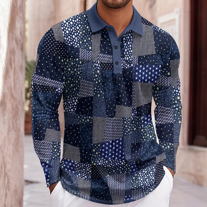 Men's Color Block Polo Long Sleeve Polo Shirts Lapel Casual Athleisure Daily Wear 3D Print Buttons Spring Fall Winter Blue