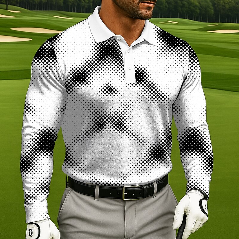 Men's Geometic Golf Polo Long Sleeve Polo Shirts Lapel Casual Athleisure Daily Wear 3D Print Buttons Spring Fall Winter Black White