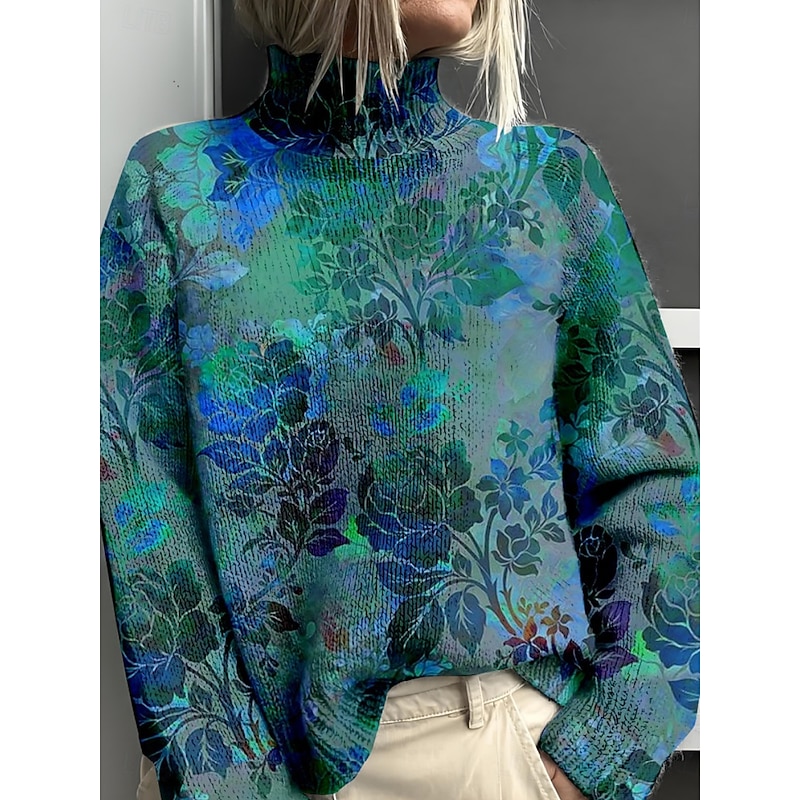 Women's Sweater Casual Soft Floral Ribbed Turtleneck Knitted Print Long Sleeve Regular Tops Knit Outdoor Daily Weekend Wine Blue Fall Winter