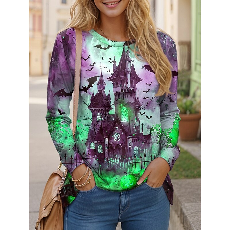 Halloween Women's T Shirt Castle Graphic Vintage Fashion Classic Long Sleeve Crew Neck Regular Tops Daily Print Red Purple Orange Green Fall Winter3