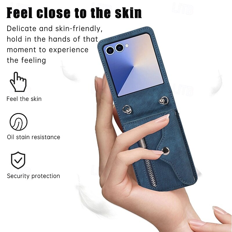 Phone Case For Samsung Galaxy Z Flip 7 Z Flip 6 Z Flip 5 Z Flip 4 Back Cover Zipper with Lanyard Card Slot Retro TPU PU Leather3
