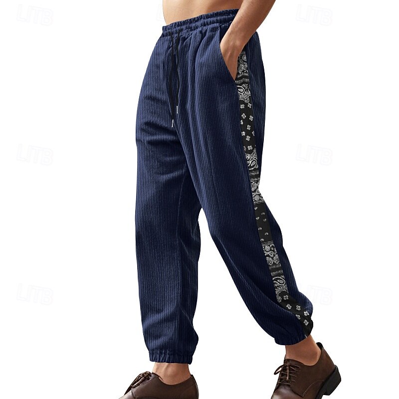Men's Sweatpants Joggers Corduroy Pants Trousers Casual Pants Drawstring Pocket Elastic Waist Paisley Moisture Wicking Breathable Full Length Outdoor Daily Running Fashion Classic Style Black Navy2