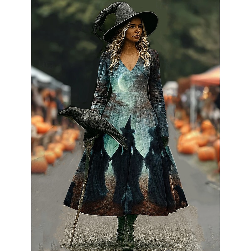 Halloween Women's Witch Print Maxi Dress A Line Dress Vacation Casual Boho Beach Regular Fit Floral Graphic Hocus Pocus Long Sleeve V Neck Yellow Dark Green Purple Orange Spring Fall2