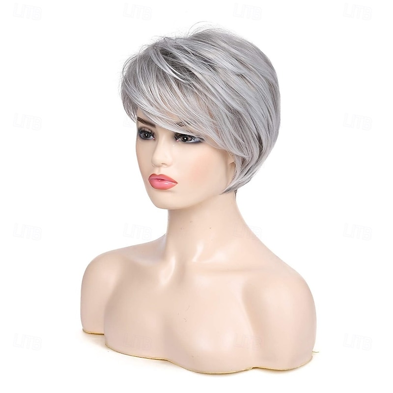 Grey Wig Short Layered Natural Synthetic Wig with Bangs Heat Resistant Replacement Hair Wig for Women3