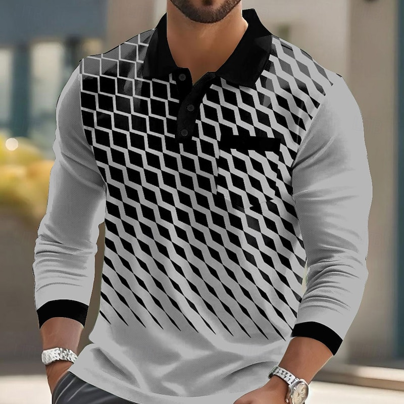 Men's Geometric Polo Long Sleeve Polo Shirts Lapel Business Casual Athleisure Daily Wear Pocket 3D Print Buttons Spring Fall White Blue Green4