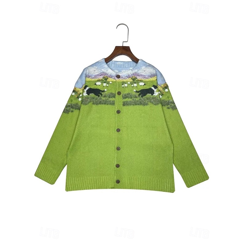 Women's Cardigan Sweater Knitted Ribbed Button Front Round Neck Long Sleeve Lightweight female Daily Animal Crew Neck V Neck Buttons Print Long Tops Knit Outdoor Weekend Green Fall Winter4