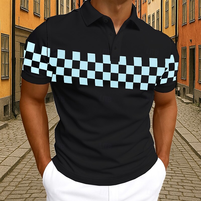 Men's Geometic Checkerboard Polo Short Sleeve Polo Shirts Collared Shirts Casual Athleisure 3D Print Buttons Summer White Navy Blue Sky Blue4