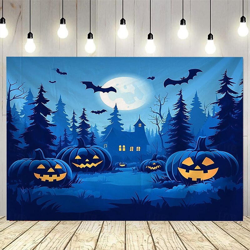 Halloween Photograph Backdrop Tapestry, Pumpkin Lantern, Bat, and Moon Pattern Wall Hanging, Large Decorative Mural for Bedroom, Living Room, Party, and Home Decoration2