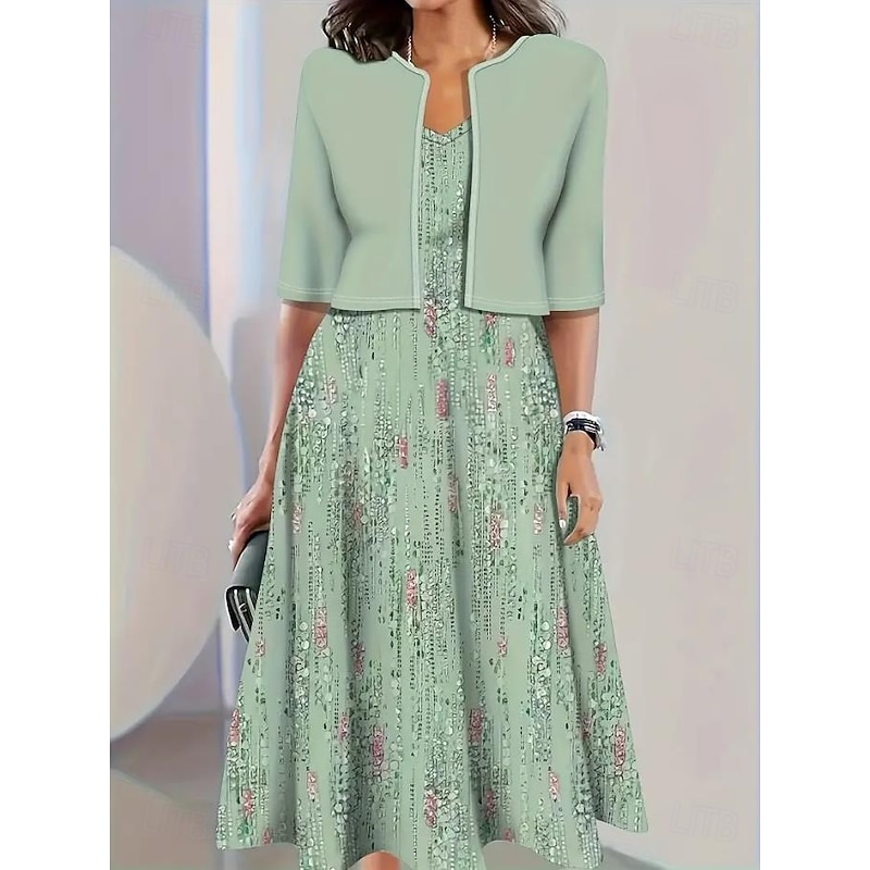Women's Dress Set A Line Dress Casual Semi Formal Floral Graphic Print Midi Dress Half Sleeve Crew Neck Vacation Date White Blue Green Summer Spring Regular Fit2