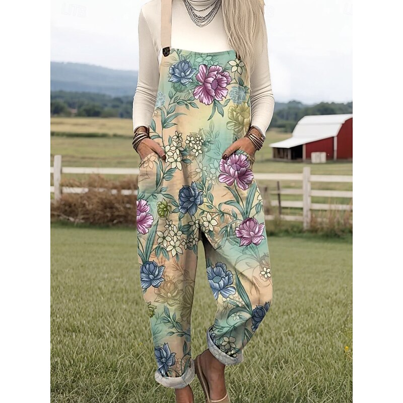 Women's Overall Active Floral Sleeveless Round Neck Pocket Print Vacation Daily Loose Fit Yellow Blue Orange Spring2