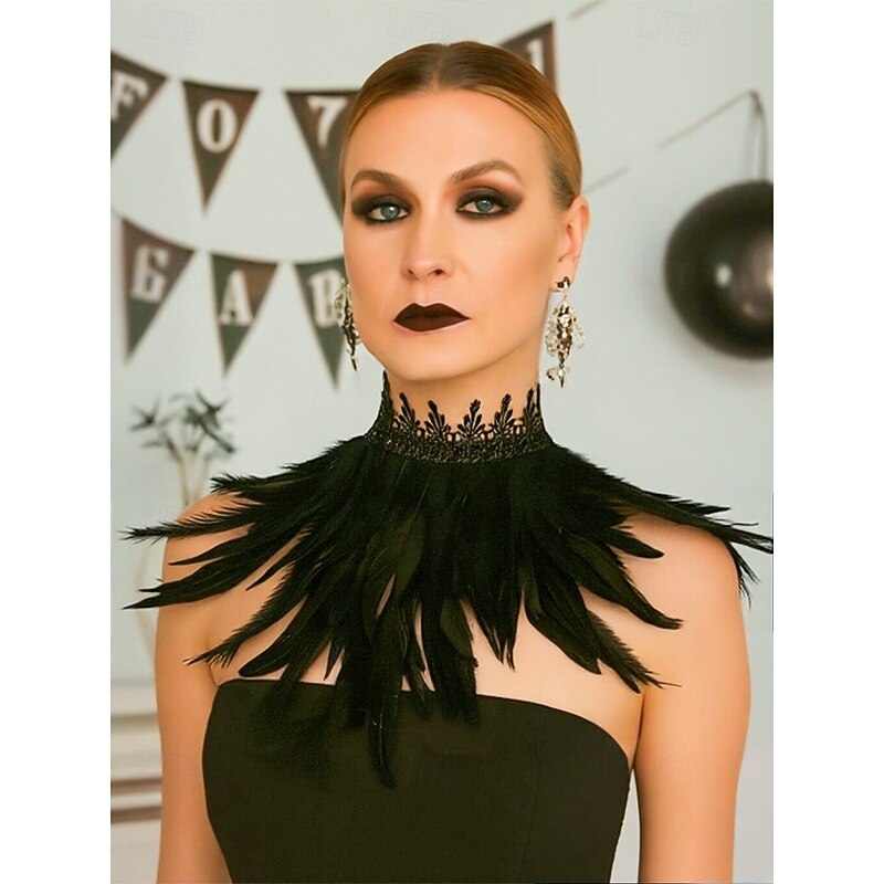 Women's Halloween Gothic Black Feather Neck Scarf, Vintage Lace Collar Costume Accessory for Parties, Masquerade and Cosplay3