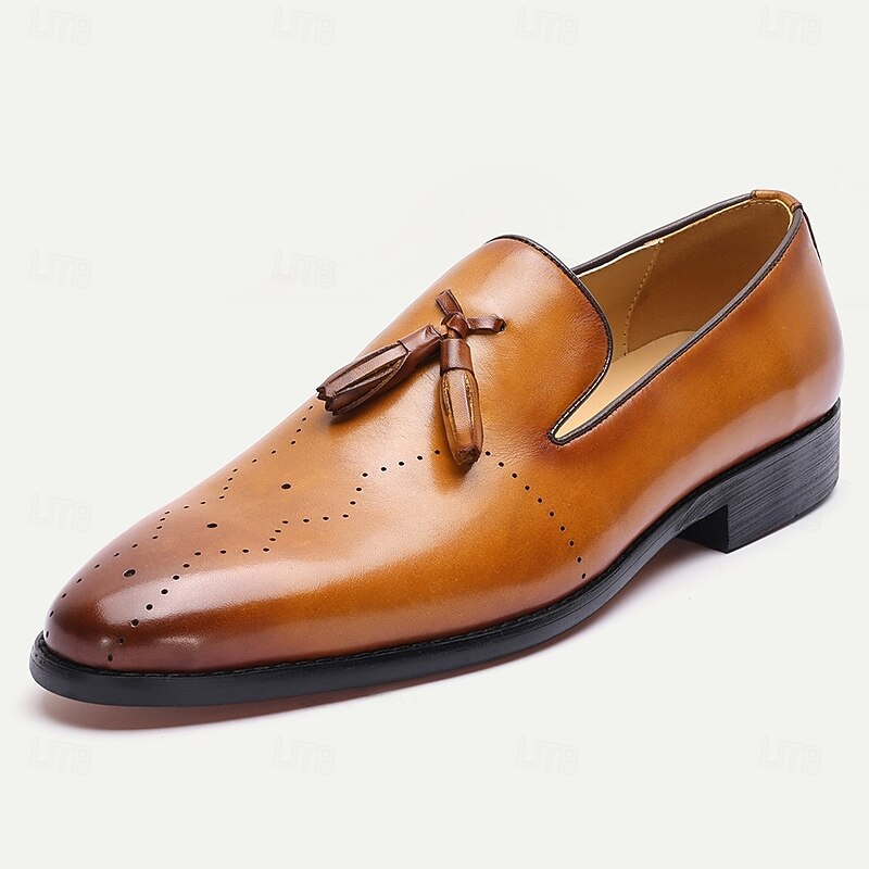 Men's Light Brown Leather Tassel Loafers – Classic Slip-On Formal Shoes with Perforated Design for Office, Cocktail Party and Wedding2