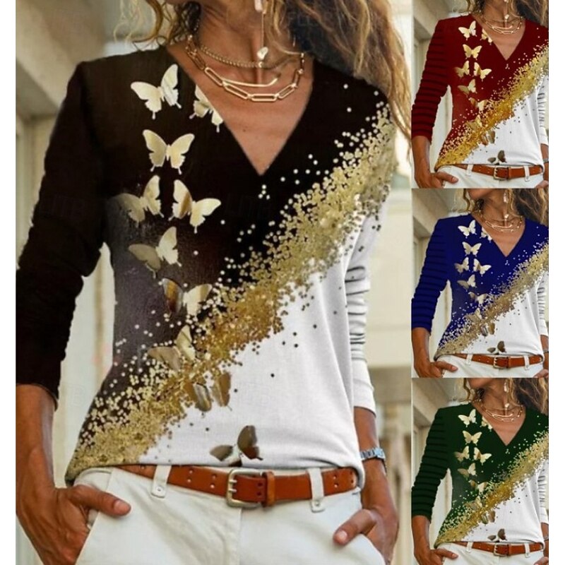 Women's Blouse Butterfly Stylish Modern Long Sleeve V Neck Regular Tops Holiday Going out Print Black Red Blue Green Fall