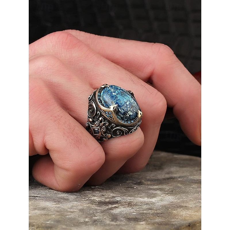 Men's Vintage Blue Stone Statement Ring – Retro Gothic Alloy Jewelry for Biker Style, Parties and Daily Wear3