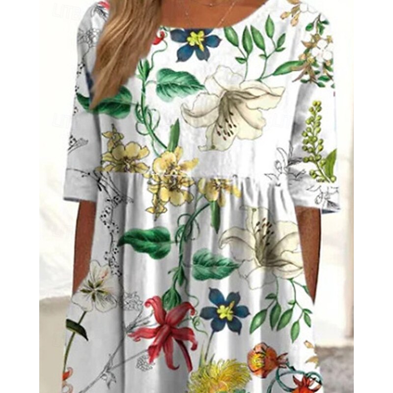 Women's Midi Dress Casual Dress Summer Dress Fashion Modern Daily Beach Weekend Regular Fit Flower Short Sleeve Crew Neck White Blue Summer Spring2