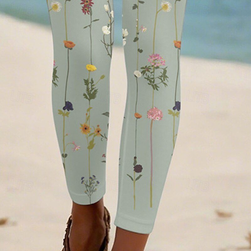 Women's Pants Trousers Leggings Cozy Leggings Streetwear Casual Full Length High Waist Floral Elastic Waist Print Breathability Comfortable Stretchy Vacation Street Daily Wear Light Green Summer3