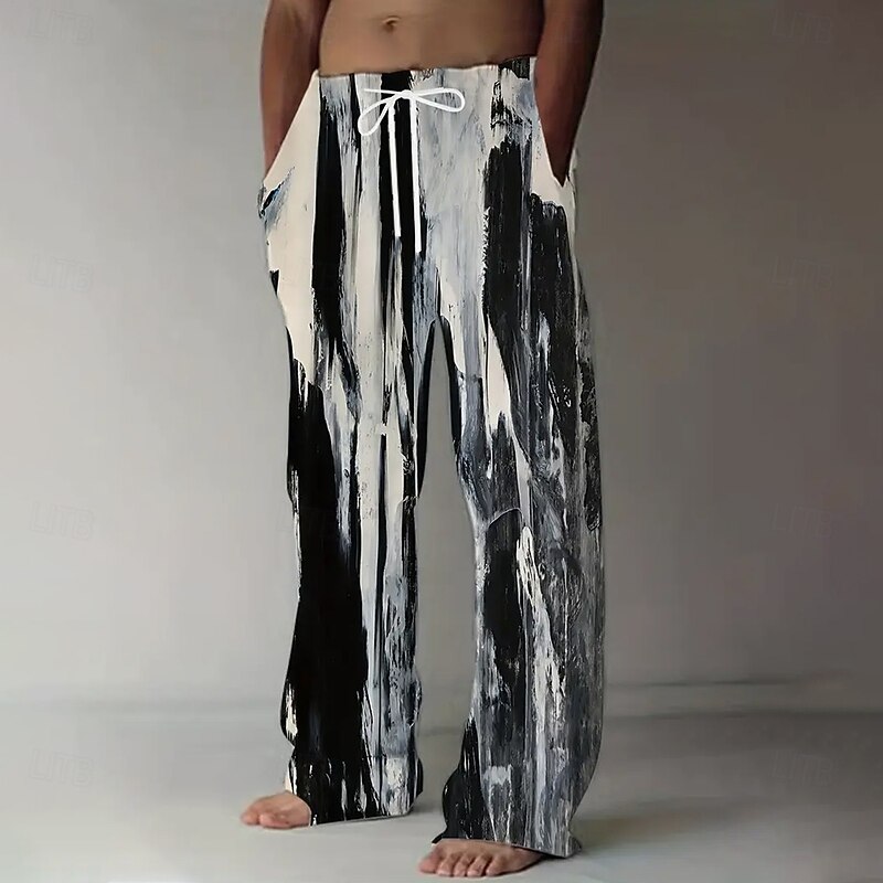 Men's Abstract Gradient Color Trousers Baggy Pants Casual Pants Mid Waist Casual Outdoor Vacation Elastic Drawstring Waist Linen-Like Pants with Pockets Spring Fall 3D Print Black Blue Dark Blue4